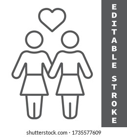 Icono de línea delgada de pareja lesbiana, LGBT y corazón, gráficos vectoriales de signo de pareja femenina, icono lineal de trazo editable, eps 10