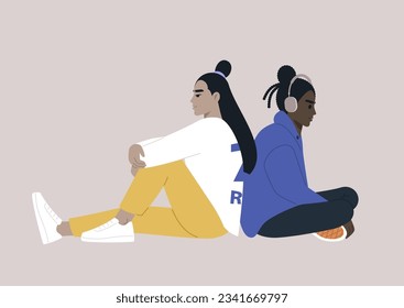 A lesbian couple of thoughtful characters sitting back to back leaning on each other, friends or partners hanging out