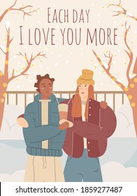 Lesbian couple together in winter park. Romantic love illustration to valentine's day and 14 february. Homosexual african american girls in casual clothing. Poster, card, postcard, template.