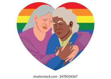 lesbian couple of two elderly women, elderly women hugging each other, pride flag. vector illustration.