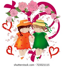 Lesbian couple. Two girls holding hands in a frame of roses, falling petals and the symbol of a gay couple. Wedding. Love of two women, homosexual love. Family of lesbians. LGBT couple