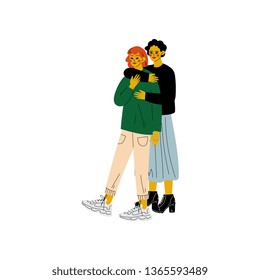 Lesbian Couple, Two Happy Women Hugging, Romantic Homosexual Relationship Vector Illustration