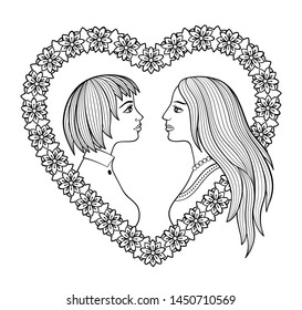 Lesbian couple. Two pretty girls with heart shaped floral frame. Black and white vector image. Coloring page for adults