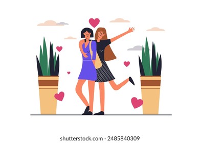 Concepto de Web de pareja de lesbianas con escena de personas en diseño plano. Mujeres en relación romántica abrazándose y caminando juntas, abrazándose y coqueteando. Ilustración vectorial con la situación del carácter para el Web