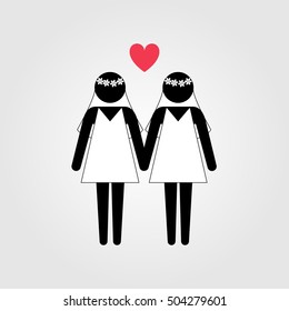 Lesbian Couple In Wedding Dress With Red Heart Vector Icon, Lesbian Marriage