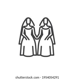 Lesbian couple wedding line icon. linear style sign for mobile concept and web design. Two brides in wedding dress outline vector icon. Symbol, logo illustration. Vector graphics