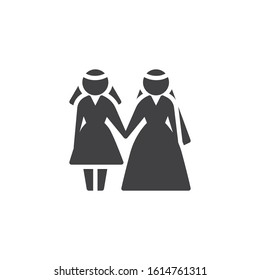 Lesbian couple wedding vector icon. Same sex Newlyweds filled flat sign for mobile concept and web design. Married lesbian women in wedding dress glyph icon. Symbol, logo illustration. Vector graphics