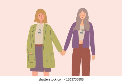 Lesbian couple. Young female partners hold each other hand. Homosexual, lgbtq, love, friend concept. Flat style character vector illustration.