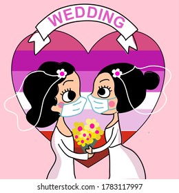 lesbian couples bride and groom wearing face masks and holding flower bouquet in their wedding in covid-19 to prevent coronavirus with lesbian color heart and word wedding