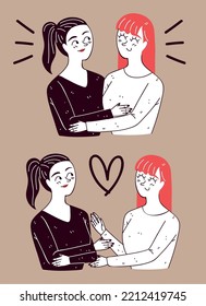 lesbian couples character, line art drawing style