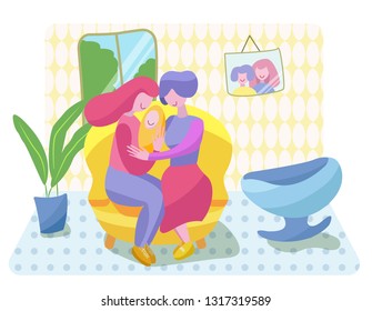 lesbian family with baby in a cozy living room with sofa, plant, window. Flat cartoon colorful illustration. Vector. Girls couple.
