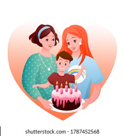 Lesbian family celebration vector illustration. Cartoon flat happy woman parent characters with boy kid celebrating child birthday with gift cake, LGBT parenting isolated on white