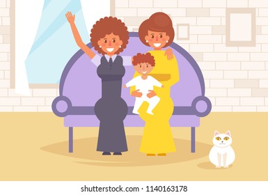 Lesbian family with a child and a cat Vector. Cartoon. Isolated art on white background. Flat