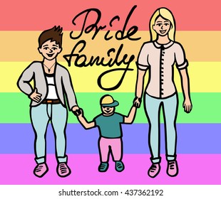 Lesbian family with a child, hand drawn illustration. Rainbow flag background