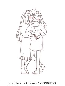 Lesbian family concept. Kiss and hug. Pregnant LGBT  woman. Vector illustration. Doodle style