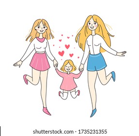 Lesbian Family Concept. LGBT Woman Couple. Vector Illustration. Doodle Style