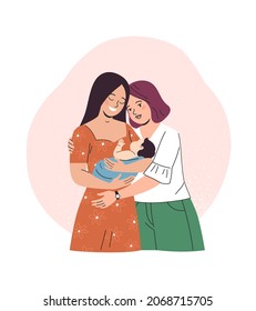 Lesbian family concept. Vector cartoon illustration of two women holding a newborn baby in trendy flat style. Isolated on background