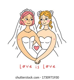 Lesbian family concept. Wedding card. LGBT woman Couple. Vector illustration. Doodle style