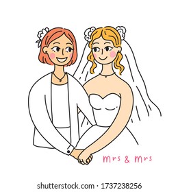 Lesbian family concept. Wedding card. LGBT woman Couple. Vector illustration. Doodle style