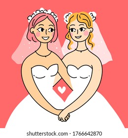 Lesbian family concept. Wedding coloring card. LGBT  woman Couple. Vector illustration. Doodle style