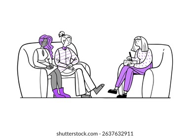 Lesbian family at a consultation with a psychologist. Vector hand drawn illustration family therapy.
