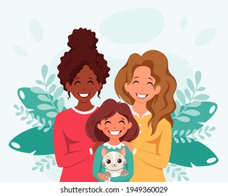 Lesbian family with daughter and cat.  LGBT family. Vector illustration in flat style.