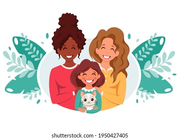 Lesbian family with daughter and cat. LGBT family. Multicultural couple.  Vector illustration.