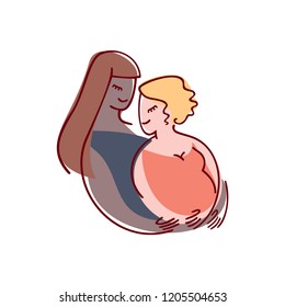 Lesbian family is expecting a baby. Happy women hugging. Characters of different nationalities on white background. Flat soft colored  illustration with Isolated elements. Modern vector illustration