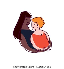 Lesbian family is expecting a baby. Happy women hugging. Characters of different nationalities on white background. Flat illustration with Isolated elements. Modern vector illustration