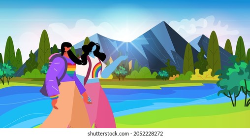 lesbian family hikers traveling together with backpacks transgender love LGBT community concept