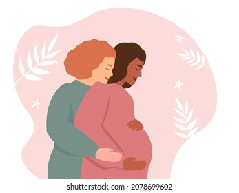 Lesbian family hugs in profile. A pregnant woman is expecting a baby. The concept of motherhood, equality, tolerance to LGBT. Vector graphics.