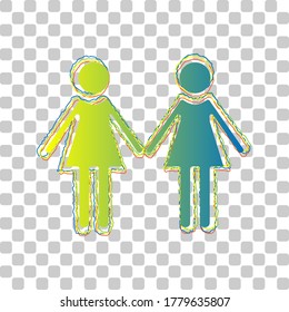 Lesbian family sign. Blue to green gradient Icon with Four Roughen Contours on stylish transparent Background. Illustration.