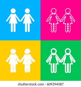 Lesbian family sign. Four styles of icon on four color squares.