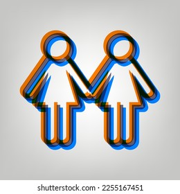 Lesbian family sign. Stroked Icon in orange, azure and old lavender Colors at gray Background. Illustration.