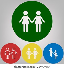 Lesbian family sign. Vector. 4 white styles of icon at 4 colored circles on light gray background.