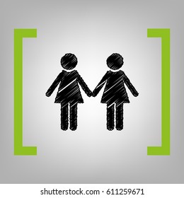 Lesbian family sign. Vector. Black scribble icon in citron brackets on grayish background.