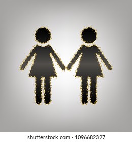 Lesbian family sign. Vector. Blackish icon with golden stars at grayish background.