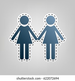 Lesbian family sign. Vector. Blue icon with outline for cutting out at gray background.