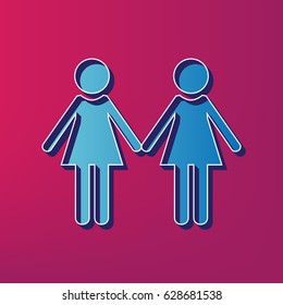 Lesbian family sign. Vector. Blue 3d printed icon on magenta background.