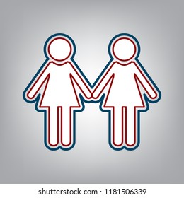 Lesbian family sign. Vector. Dark red, transparent and midnight green stroke of white icon at grayish background.