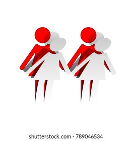 Lesbian family sign. Vector. Detachable paper icon with red body stock. Isolated.