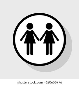 Lesbian family sign. Vector. Flat black icon in white circle with shadow at gray background.