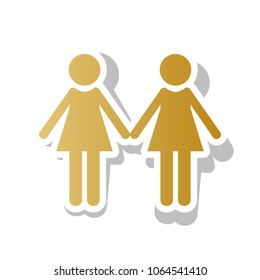 Lesbian family sign. Vector. Golden gradient icon with white contour and rotated gray shadow at white background.