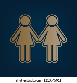 Lesbian family sign. Vector. Golden icon and border at dark cyan background.