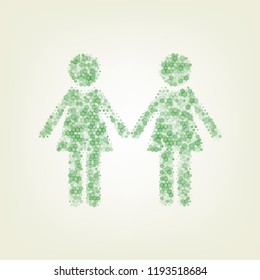 Lesbian family sign. Vector. Green hexagon rastered icon and noised opacity and size at light green background with central light.