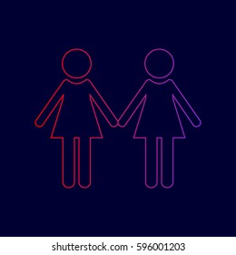 Lesbian family sign. Vector. Line icon with gradient from red to violet colors on dark blue background.