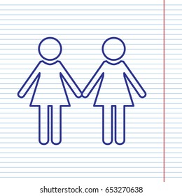 Lesbian family sign. Vector. Navy line icon on notebook paper as background with red line for field.