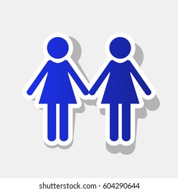 Lesbian family sign. Vector. New year bluish icon with outside stroke and gray shadow on light gray background.