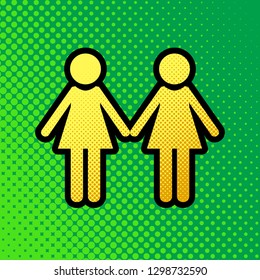 Lesbian family sign. Vector. Pop art orange to yellow dots-gradient icon with black contour at greenish background.