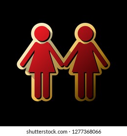 Lesbian family sign. Vector. Red icon with small black and limitless shadows at golden sticker on black background.